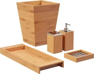 Legend Wholesale Bamboo Bathroom Accessories Set Eco-friendly Natural 100% Raw Materials Bamboo 5Pieces Bathroom Vanities Sets