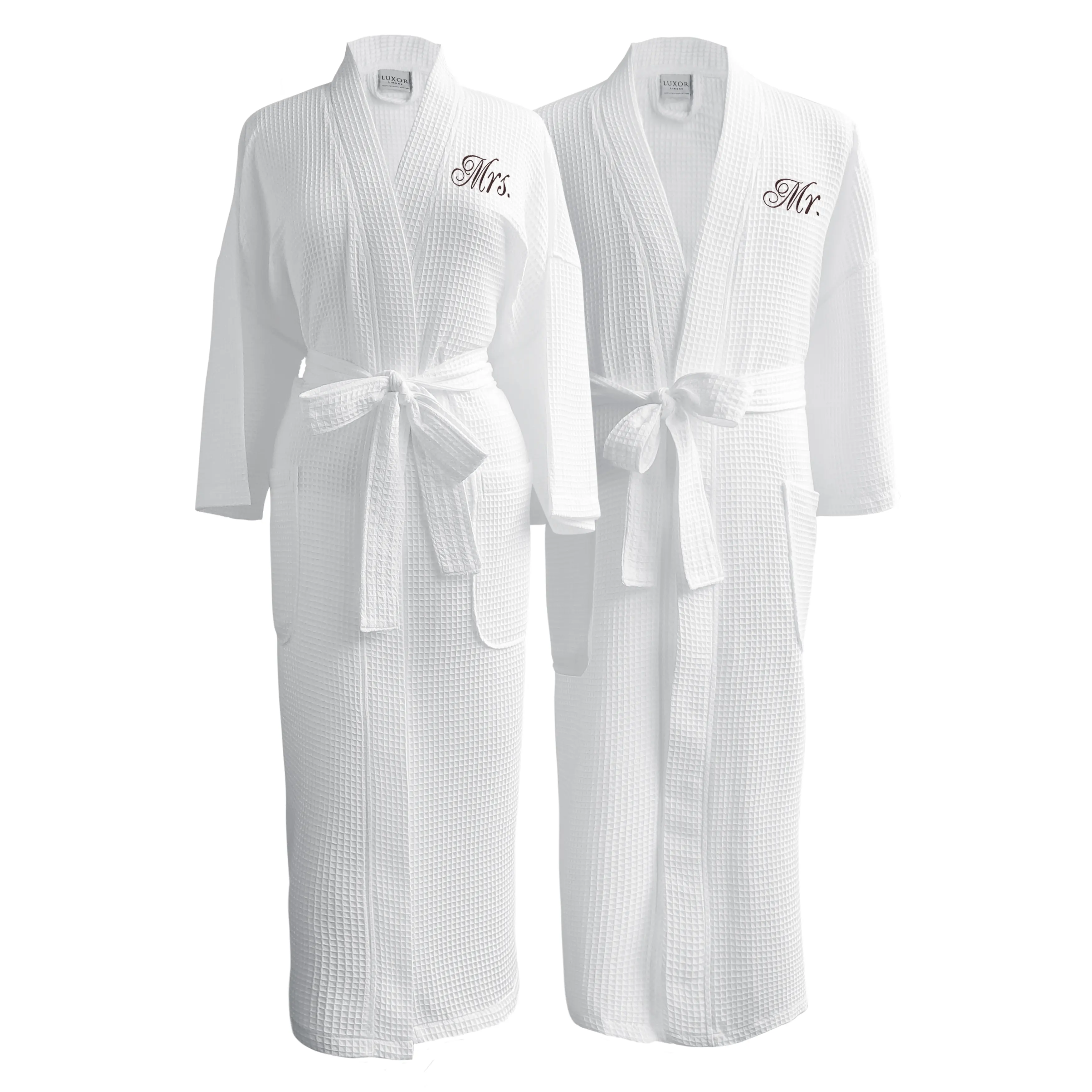 Toptan özel 5 yıldızlı otel Logo beyaz bornoz Waffle % 100% pamuk banyo elbiseler