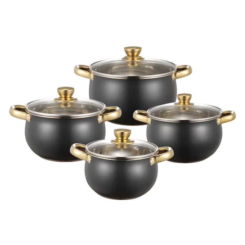 Set panci sup baja tahan karat kustom dengan pegangan emas kualitas tinggi dengan set panci sup tutup kaca dengan harga terbaik