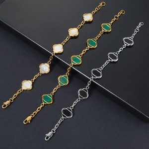 Gold Plated Flower Chain Bracelet Inlay ClassicStainless Steel Black Onyx Green Stone Jewelry <b>for</b> women <b>man</b> Clover Bracelet - Product Image 4