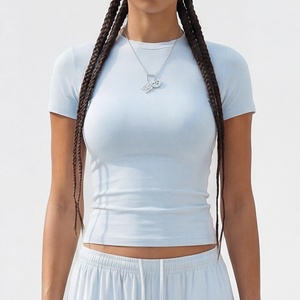 Nueva Camiseta de Verano para Mujer, Color Sólido, Alta Elasticidad, Hombros Regulares, Corte Ajustado, Manga Corta, Estilo Hot Girl, Logotipo Personalizado - Product Image 4