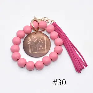 Plain pink and mint 16mm wooden beads bracelet include MAMA personalized disc keychain suede tassel for mom gift 2022