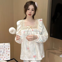 Pyjama en flanelle à imprimé floral pour femmes de haute qualité, style princesse douce, bordure en dentelle, vêtements de nuit chauds et confortables pour l'automne/hiver