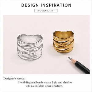 แหวนวงกว้างสแตนเลสสตีลชุบทอง 14K แบบสุญญากาศ ดีไซน์ฉลุลายสีทองและสีเงิน - Product Image 4