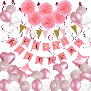 Kit Completo Decorazioni Compleanno <span class=keywords><strong>Oro</strong></span> Rosa, Striscione, Pompon di Carta, Bandierine a Triangolo, Palloncini a Cuore e Stella - Product Image 1