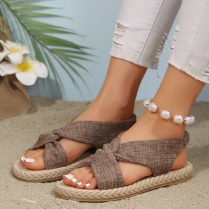Sandales plates bohèmes à nœud torsadé, dessus en lin, semelle tressée en jute, bride élastique, chaussures de marche pour les vacances et l'extérieur - Product Image 3