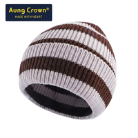 Bonnet tricoté chaud d'hiver à rayures marron et blanc, unisexe, en acrylique, avec revers pliable, broderie personnalisée, pour usage quotidien en extérieur, vente en gros