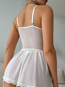 Robe de nuit courte érotique en gaze transparente fendue, nuisette moulante transparente, vêtements de nuit pour femme, débardeur dos nu pour club, pyjama sexy en dentelle florale - Product Image 4