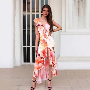Vestido de noche con estampado floral, cuello en V, capa transparente, largo, sin mangas, para mujer - Product Image 4