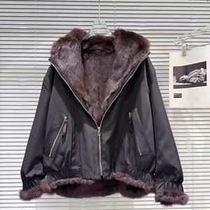 Nuovo Cappotto Corto da Donna in Lana/Seta con Cerniera Sottile e Fodera in Vera <span class=keywords><strong>Pelliccia</strong></span> di Coniglio, Nero e Bianco su Entrambi i Lati - Product Image 2