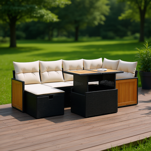 Ensemble de canapés de jardin d'extérieur en rotin noir PE, 6 places, style contemporain avec panneaux en bois, rangement inclus - Product Image 2