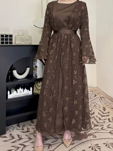 2025 conjunto de dos piezas modesto de alta calidad hermoso brillante Dubai Turquía abierto Abaya accesorios de ropa musulmana tradicional - Product Image 5