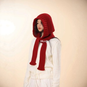 HILLDI Ribbed Knit Hat Scarf Set Red One Piece Warm Neck Protector Adult Winter Wear - Product Image 1