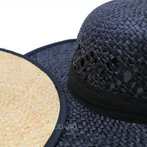 D Groothandel Goedkope Eenvoudige Sombrero Elegante Handgebreide Raffia Stro Platte Hoge Hoed Met Grote Rand Voor Vrouwen