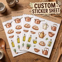 Feuille d'autocollants personnalisés pour cuisine, thème aquarelle : Pot en cuivre, Théière, Pain, Huile d'olive, Herbes, pour journal intime confortable