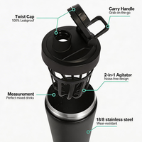 Bouteille shaker de protéines en acier inoxydable mat 304, mélangeur de sport en métal sans boule, agitateur intégré, simple et double paroi, vente en gros