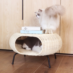 <b>Rattan</b> Coffee <b>Table</b> Round <b>Small</b> Storage Basket Pet Cat Bed Scandinavian Style Handmade With Black Metal Legs - Product Image 3