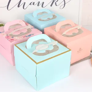 Cajas de papel de alta calidad con logotipo personalizado, caja cuadrada transparente para pastel, con asa para cumpleaños, venta al por mayor