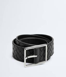 Cinturón Reversible de Diseño de Lujo para Hombre Bottega BV, Hecho a Mano con Cuero Genuino Trenzado Intreccio y Hebilla Plateada Veneta - Product Image 5