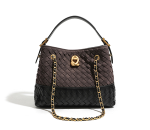 Fashionable High-end Women's Woven Shoulder Bag Two-Tone Brown Suede Shoulder Bag with Chain Strap <b>Lock</b> Closure bucket handbags - Product Image 5