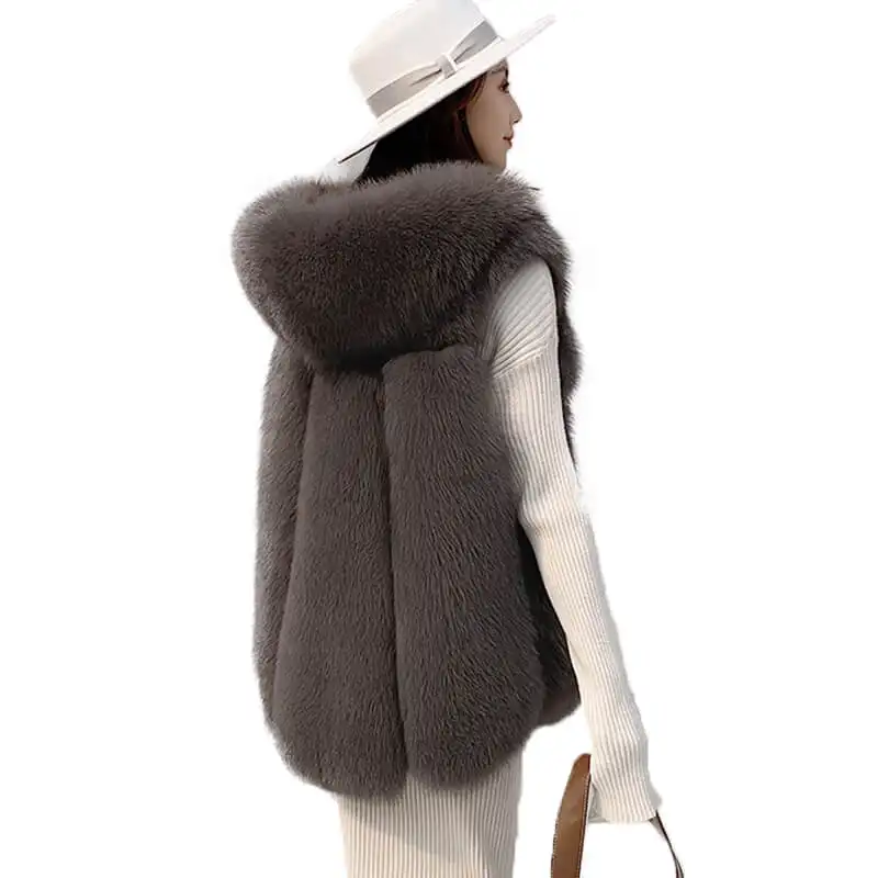 Warm Mouwloze Harige Jas Dames Mode Pluizige Bont Gilet Vrouwen Trendy Zwart Real Fox Bont Vest Met Bont Kap