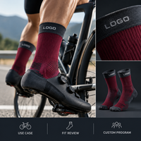 Chaussettes de cyclisme sportives bordeaux et noires, respirantes, à coupe ajustée, avec maille respirante, bord côtelé, faible volume, zones de couleur inaltérable, construction tricotée