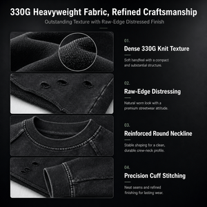 330G Heavyweight Washed Long Sleeve T-Shirt Men Raw Edge Distressed Crewneck Streetwear Sweatshirt Custom OEM Supplier Top - Product Image 5