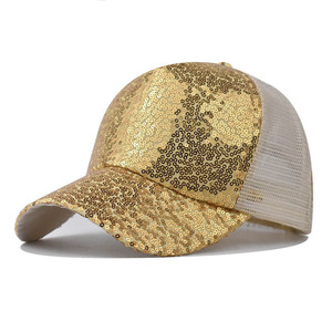 Venta al por mayor de moda estructurada 5 paneles <span class=keywords><strong>rosa</strong></span> azul oro malla trasera hombres Snap bulk lentejuelas brillo sombrero de camionero para las mujeres - Product Image 1