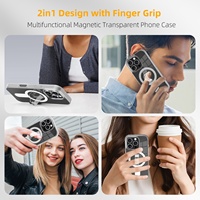 Pour 16 Pro Max Étui magnétique transparent étanche en plastique rigide + TPU avec support de téléphone et charge sans fil