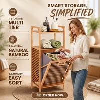 Meuble de rangement autoportant en bambou pour salle de bain et buanderie, avec étagères réglables à trois niveaux, porte-serviettes multifonctionnel non pliable