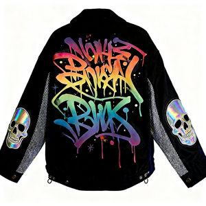 Chaqueta Vaquera Gris Extra Grande Personalizada con Bordado de Llamas |   Chaqueta Urbana de Estilo Graffiti con Parche Trasero para Hombre/Mujer - Product Image 4