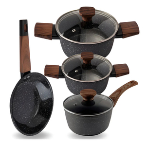 High Quality Ceramic Marble Coated Pot <b>Pan</b> Glass <b>Lids</b> Wooden Soft touch Handles Non Stick 7-Piece Forged Aluminium Cookware Set - Product Image 1