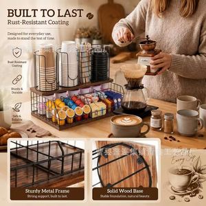 Organizador de café de hierro de 2 niveles, estante de metal y madera para tazas, cápsulas, bolsitas de té, almacenamiento para oficina y hogar. - Product Image 2