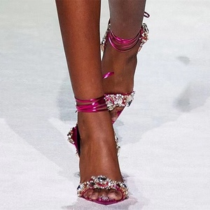 Sandales de luxe dorées à lacets, talons aiguilles ornés de diamants, chaussures sexy pour femme avec bride arrière, grandes tailles 43 - Product Image 3