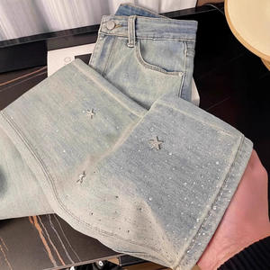 Jean évasé bleu clair pour femme, taille mi-haute, motif géométrique, polyester/coton, coupe classique, denim vintage, délavage clair, respirant, Nouveauté 2025 - Product Image 2