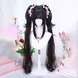Perruque longue bouclée style Lolita avec double queue de cheval, nœuds roses, frange latérale, couvrant entièrement la tête, pour femme - Product Image 3