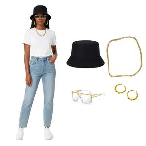 Conjunto de Ropa y Accesorios Estilo Hip-Hop de los 90: Sombrero de Pescador Negro, Cadena <span class=keywords><strong>Cubana</strong></span>, Aros, Gafas de Sol, <span class=keywords><strong>Disfraz</strong></span> Temático de Rapper para Fiesta - Product Image 1