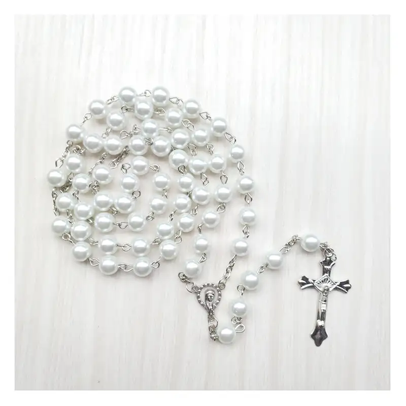 Katholische religiöse Souvenirs Mattweiß Plastik perlen Rosenkranz Halskette Großhandel Christlicher Schmuck