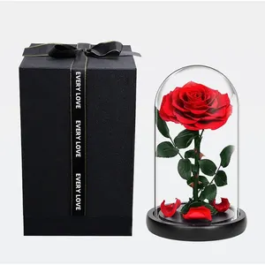 Golden supplier products yunnan china wholesale eternal rose preserved red rose in glass dome preserved roses with wooden base
