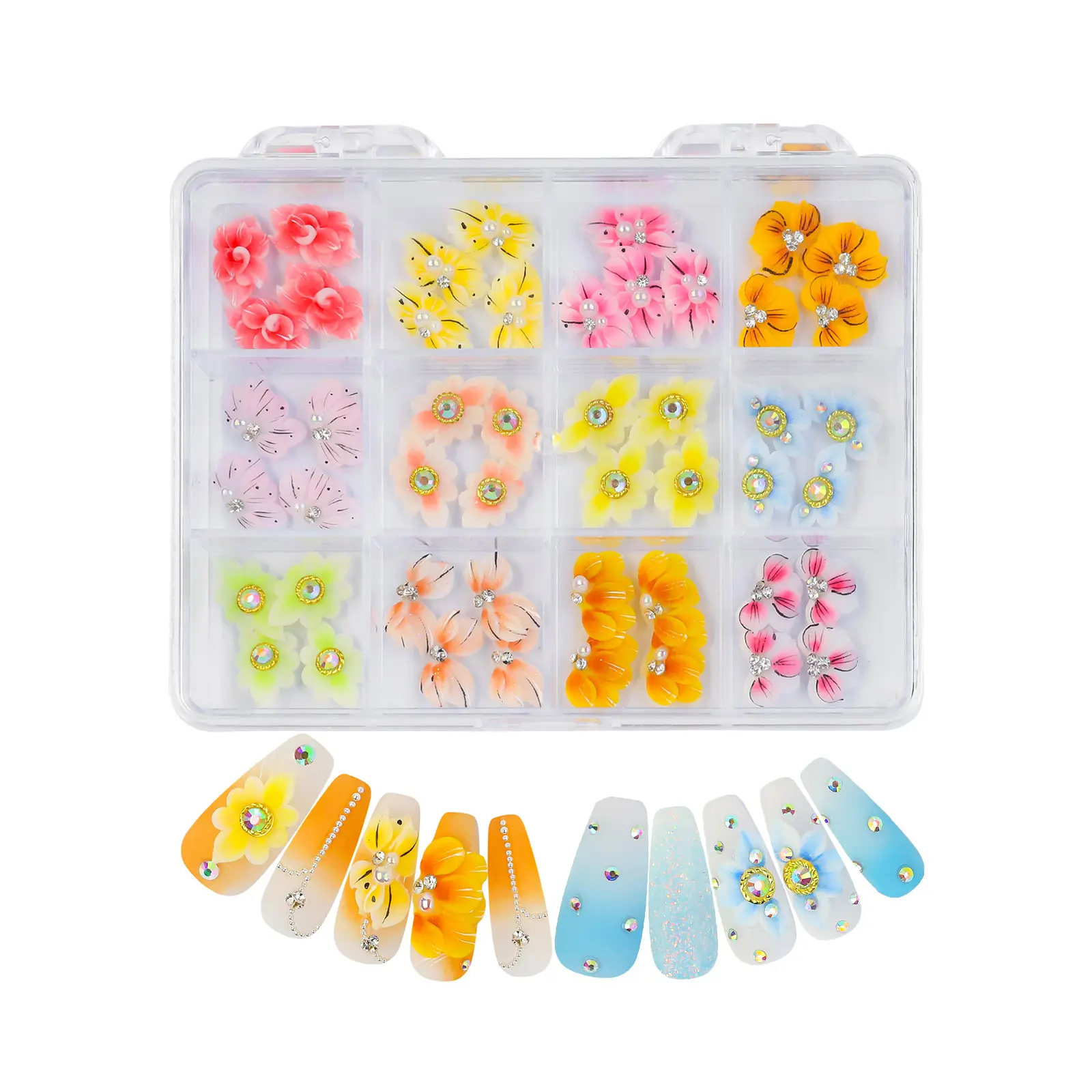 48 unids/caja de accesorios para uñas hechos a mano Kawaii Nail Art Charms decoración pegatinas 3D acrílico flores