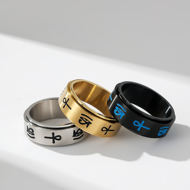 Stainless Steel Cross Jewelry Anxiety Rotating Ankh Cross Spinner Rings 8mm Egypt Eye of Horus Rings for Men Women Party Gift