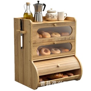 Boîte à pain en bambou, rangement de cuisine en bois massif avec couvercle pour pain, pâtisseries, fruits - Product Image 5
