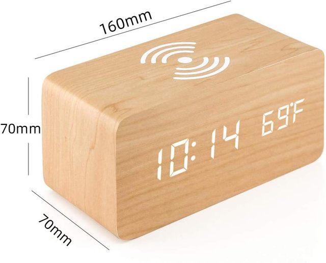 Wooden Digital Alarm Clock with Wireless Charging LED Digital Clock with Temperature and Date Display Alarm Clock