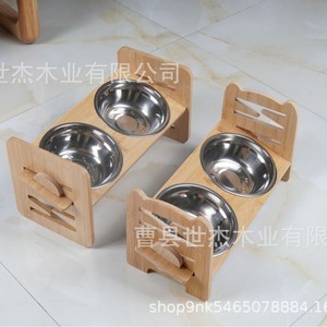 Soporte de madera para tazones de mascotas, doble tazón de acero inoxidable, marco ajustable para alimentar gatos y perros, comedero de madera maciza - Product Image 3