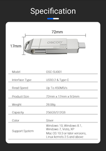 OSCOO tipi C SSD 3D TLC <span class=keywords><strong>Nand</strong></span> <span class=keywords><strong>Flash</strong></span> ile <span class=keywords><strong>USB</strong></span> <span class=keywords><strong>Flash</strong></span> sürücü 128gb 256gb 512gb okuma hızı 550 MB/s yazma hızı 520MBs 2-in-1 <span class=keywords><strong>USB</strong></span> sopa - Product Image 6