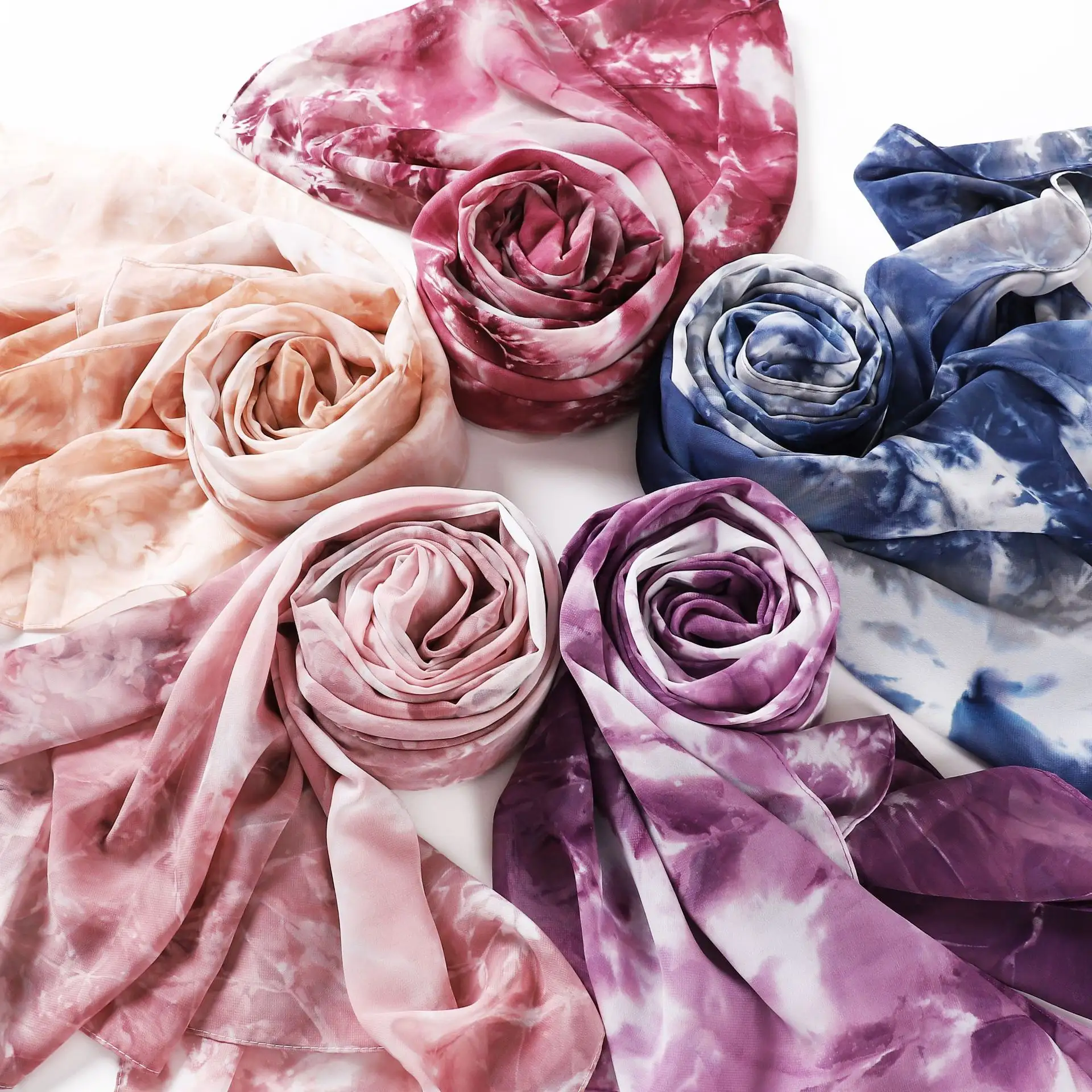 Wholesale High Quality Malaysia Muslim Gradient Hijab Marbling Tie-dyed Printed Pearl Chiffon Hijab Scarf