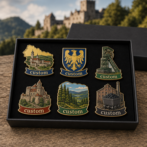Lot de badges émaillés personnalisés Silesie en gros, avec boîte cadeau, thèmes Mine ancienne, Château, Forêt, Souvenir touristique, Europe centrale - Product Image 1
