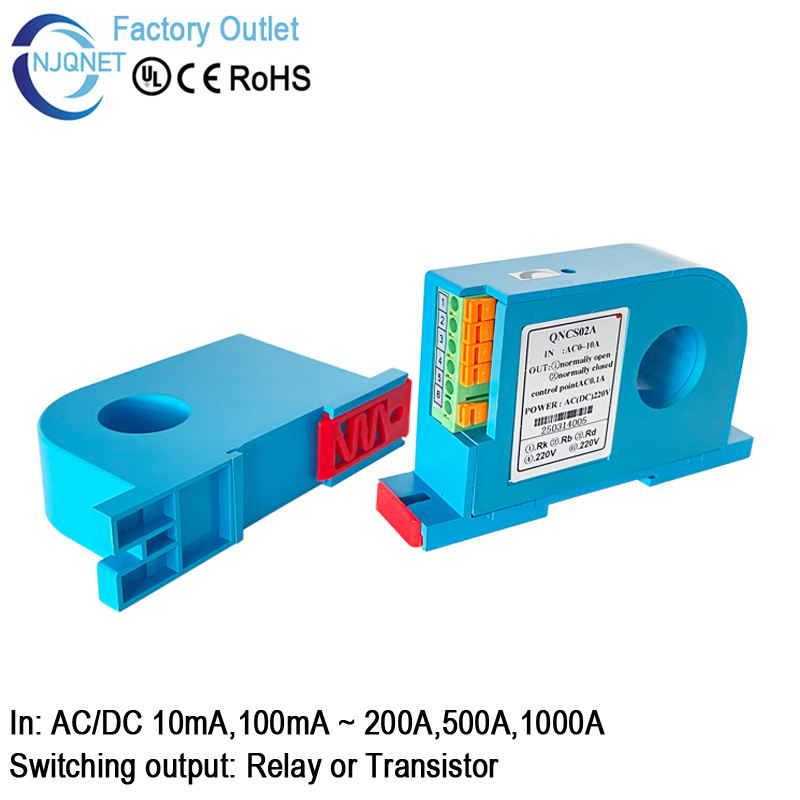 AC Current Sensing Switch QNCS02 Input 10mA 30A 50A 200A Relay Output Normally Open Normally Closed DC Current Transducer Switch