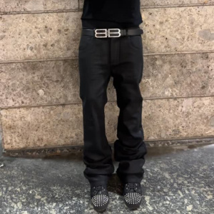 Jeans vintage Y2K pour hommes, jeans en denim évasé à taille basse personnalisés, jeans skinny noirs enduits, jeans bootcut - Product Image 5