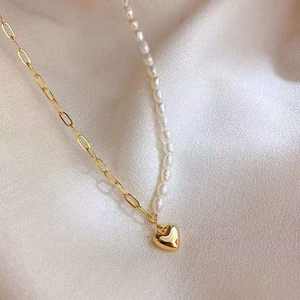 Collana in Argento Sterling S925 con Cuore e Perle d'Acqua Dolce a Forma di Spigolo 5-6mm, Catena AB per Signore - Product Image 4